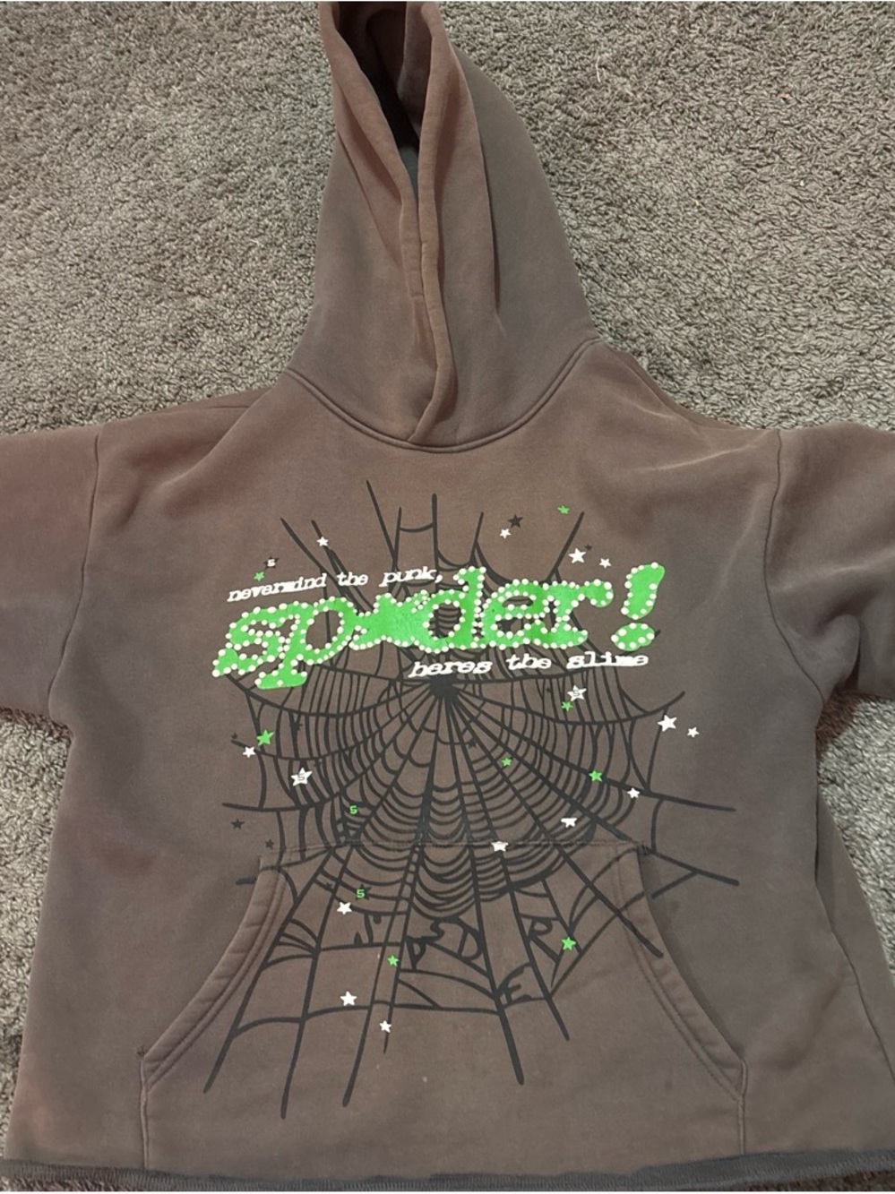 Kids Brown Hoodie with Green Graphic Spider Web